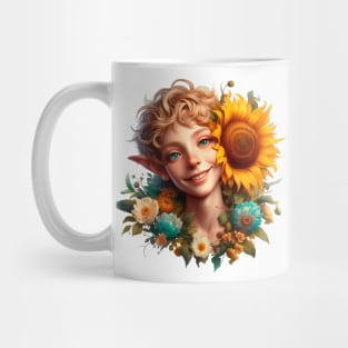 smiling elf with showy flowering sunflower Mug